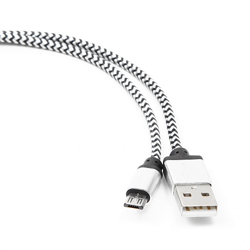 Кабель USB 2.0 Cablexpert AM/microBM 5P, 1м, нейлоновая оплетка, алюминиевые разъемы, серебристый, пакет (CC-mUSB2sr1m)