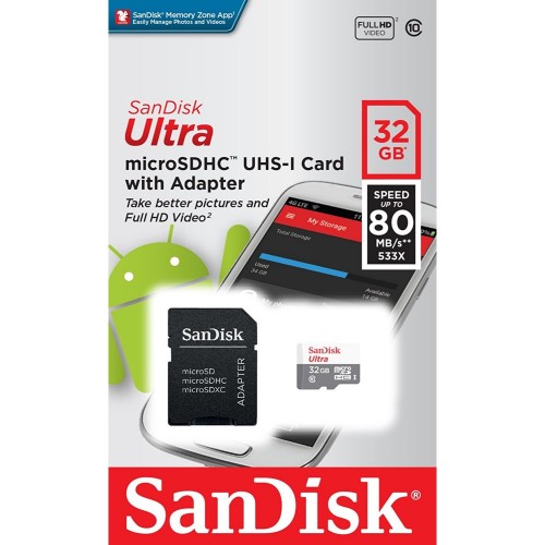 Карта памяти microSD Card32GB Sandisk microSDHC Class 10+SD адаптер (SDSQUNS-032G-GN3MA)