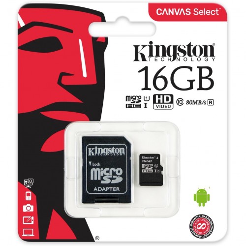 Карта памяти microSDHC 16Gb Kingston Canvas Select Class 10 UHS-I U1 + адаптер (SDCS/16GB)