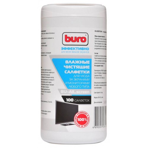 Салфетки чистящие влажные BURO BU-All_screen для фото/видео, телевизоров, мониторов, ноутбуков
