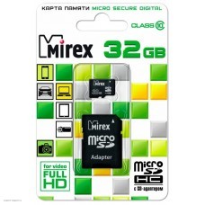 Карта памяти microSDHC 32Gb Mirex Class 10 + Adapter (13613-AD10SD32)