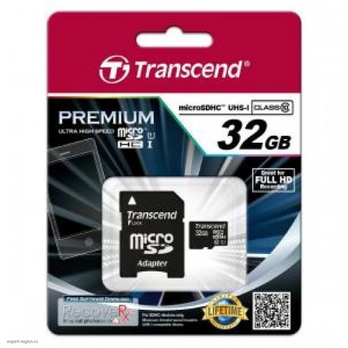 Карта памяти microSD Card32Gb Transcend microSDHC Class 10 + SD адаптер (TS32GUSDHC10)