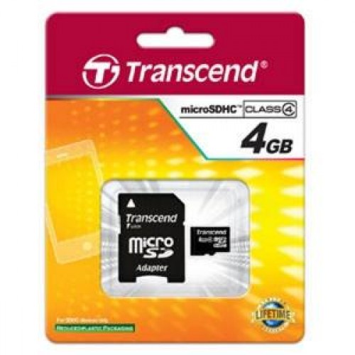 Карта памяти microSD Card 4Gb Transcend Class4 HC + SD адаптер (TS4GUSDHC4)