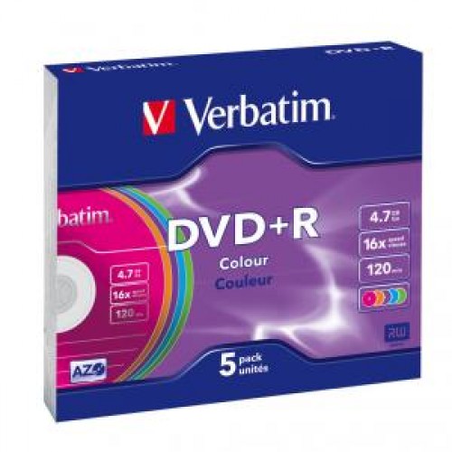 Диск DVD+R Verbatim 4,7GB 16x, 5шт., Slim case Color(43556)
