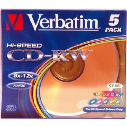 Диск CD-RW перезап. Verbatim DL+ 700Mb  8-12х, 5шт., Slim Color (43167)
