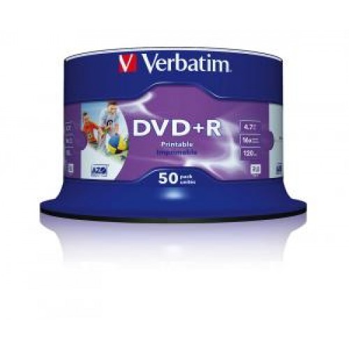 Диск DVD+R Verbatim 4,7GB 16x, 50шт., Cake Box InkJet Printable (43512)