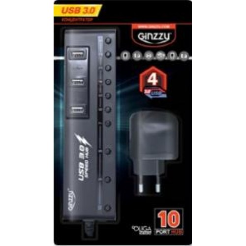 Концентратор USB HUB Ginzzu GR-380UAB Black 10 портов