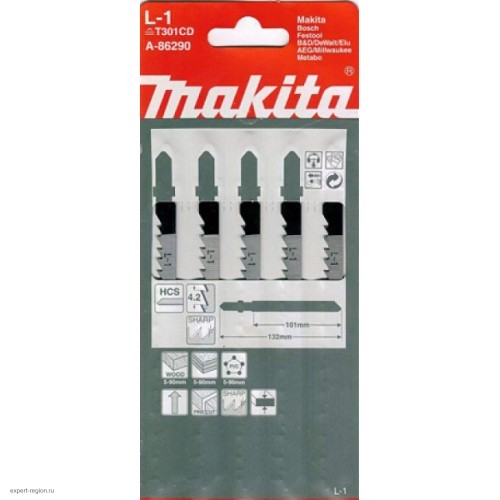 Набор пилок для лобзика Makita A-86290 (5шт,L1,HCS\HSS,132\4.2мм,рез-90мм,точн\пропил(T301CD))