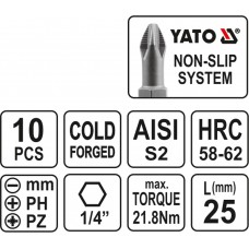 YT-0482 Набор бит крестовых 25мм 10шт : SL5, SL6 мм; PH1, PH1, PH2, PH2; PZ1, PZ1, PZ2, PZ2