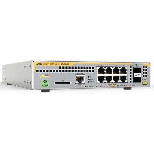 Коммутатор Allied Telesis L2+ managed switch, 8 x 10/100/1000Mbps POE+ ports, 2 x SFP uplink slots, 1 Fixed AC power supply