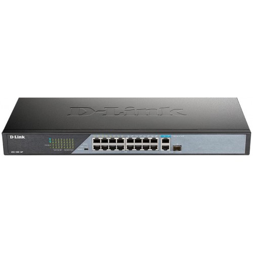 Коммутатор D-LINK DSS-100E-18P/A1A L2 Unmanaged 16 10/100Base-TX ports and 110/100/1000Base-T port and 1 1000Base-T SFP combo-port (16 PoE ports802.3af/802.3at (30 W), PoE Budget 230 W, up to 250 m power deli