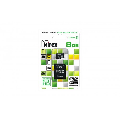 Флеш Карта Памяти (MicroSDHC) 8Gb Mirex class 10  + SD адаптер 13613-AD10SD08