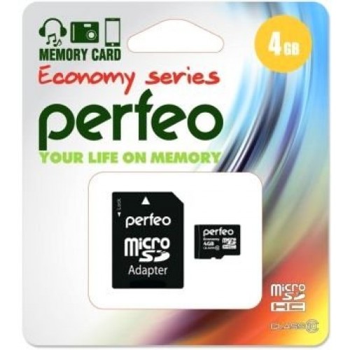Карта памяти 4Gb MicroSD Perfeo Class 10 microSDHC + SD adapter (PF4GMCSH10AES)