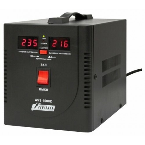 Стабилизатор POWERMAN AVS 1500D, черный, ступенчатый регулятор, цифровые индикаторы уровней напряжения, 1500ВА, 140-260В, максимальный входной ток 10А, 2 евророзетки, IP-20, напольный,  200мм х 160мм х 190мм, 4 кг. POWERMAN AVS 1500D Black