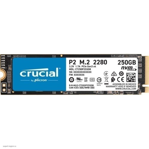 Твердотельный накопитель Crucial P2 SSD 250GB, M.2 (2280), PCIe Gen 3.0, NVMe, R2100/W1150, 150 TBW CT250P2SSD8