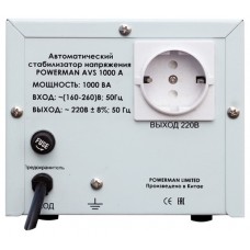 Стабилизатор POWERMAN AVS 1000A, ступенчатый регулятор, 1000ВА/550Вт, 160-260В, максимальный входной ток 7А, 1 евророзетка, IP-20, напольный, 190мм х 150мм х130мм, 2.87 кг. POWERMAN AVS 1000A