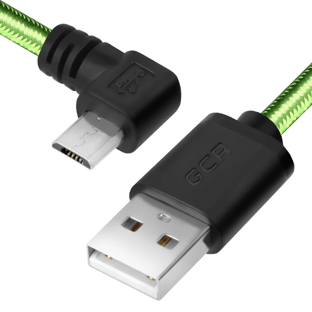 Кабель Greenconnect micro USB 2.0  1.0m угловой, зеленый нейлон, черные коннекторы, ультрагибкий, 28/28 AWG, AM / microB 5pin GCR-UA12AMCB6-BB2S-1.0m, экран, армированный, морозостойкий GCR-UA12AMCB6-BB2S-1.0m