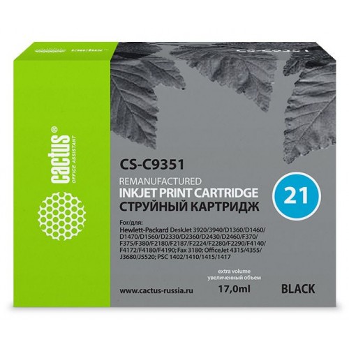 Картридж струйный Cactus CS-C9351 №21 черный (17мл) 