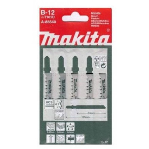 Набор пилок для лобзика Makita A-85640 (5шт,B-12,HCS,105\4.2мм,рез-65мм,быстр\пропил(T101D))